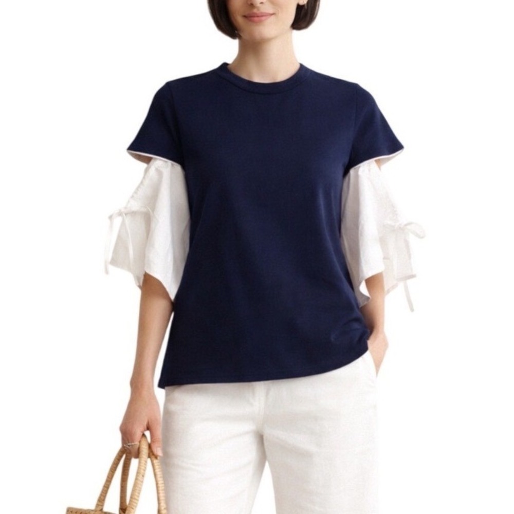 English Factory Navy Blue Puff Sleeve Tie Top Women Small F12156